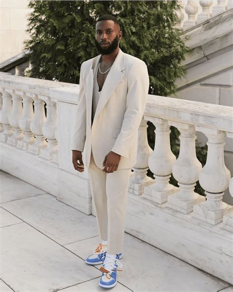 wearing a suit with jordans.